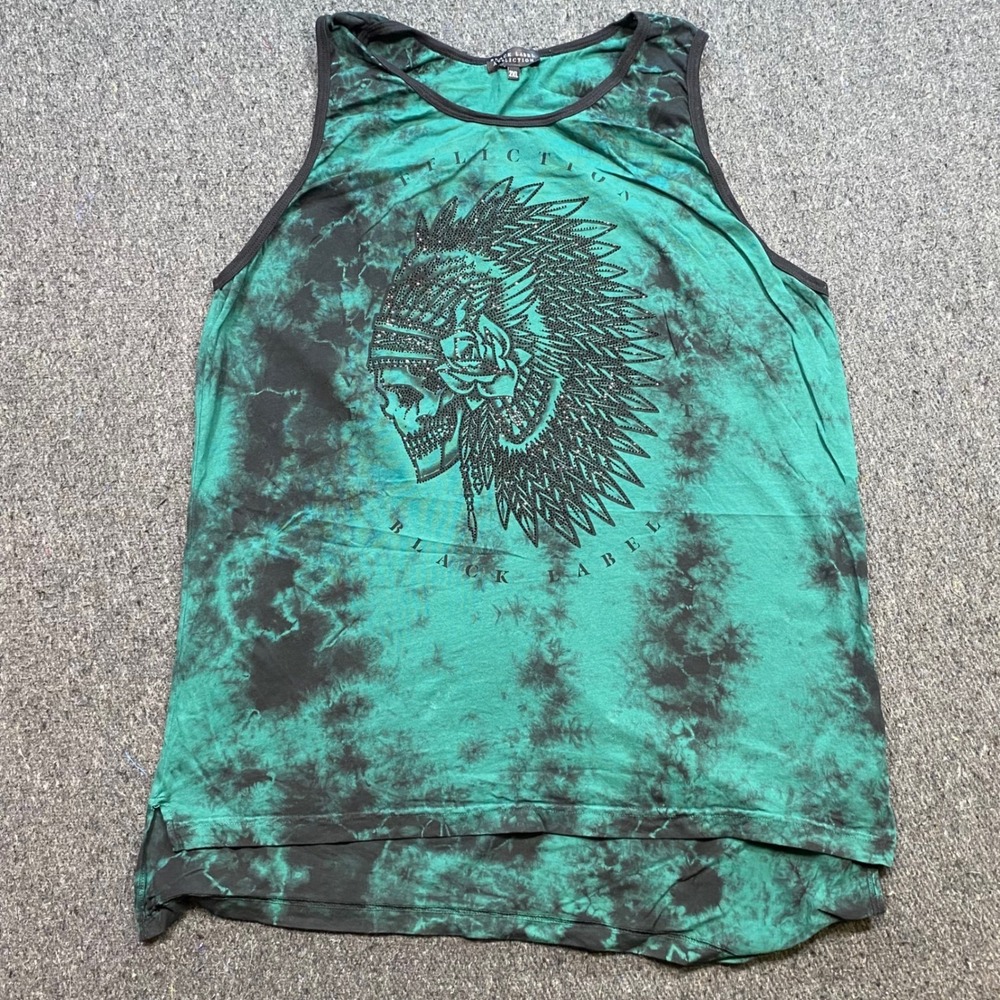 Affliction Black Label Tank Top Sz 2XL Men Green Tie Dye Rhinestone Grunge